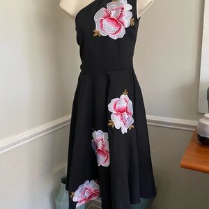 Floral embroidered one shoulder cotton midi dress.